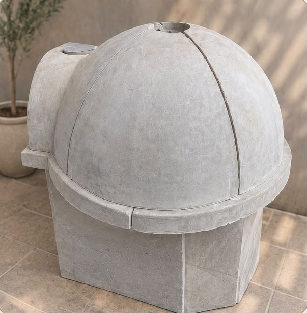 Forno iglu artesanal em concreto visto pela lateral