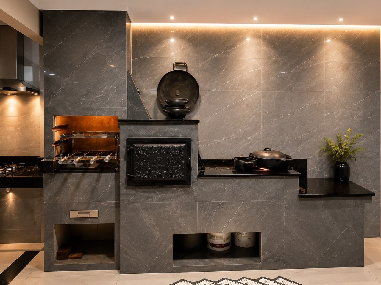 Área gourmet moderna com churrasqueira, fogão a lenha e forno